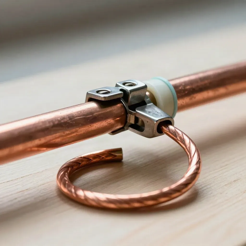 Copper bus bar, knife-switch hinge and armored cable on pale wood in a tight macro with teal accents.