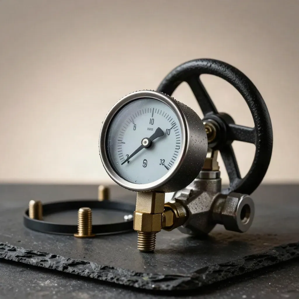 Stainless pressure gauge with valve wheel, gasket ring, and anchor bolts on slate.