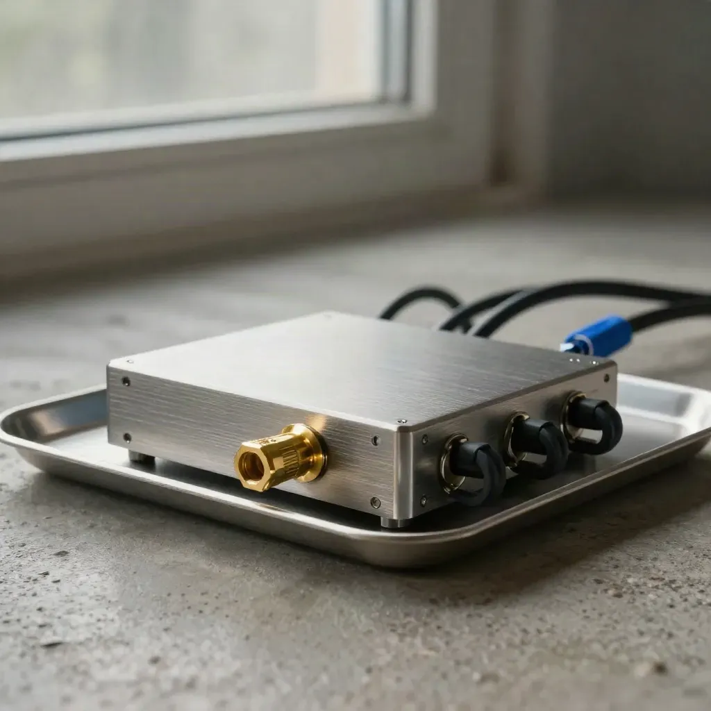 Utility telemetry gateway, cable loops, and brass lug on pale concrete in soft studio light.