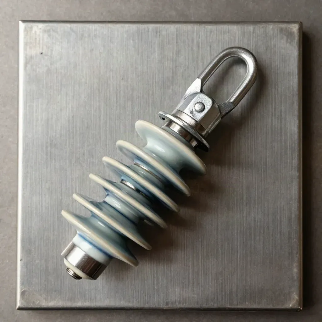Macro flat lay of an insulator stack, lug, and galvanized bracket on brushed metal.