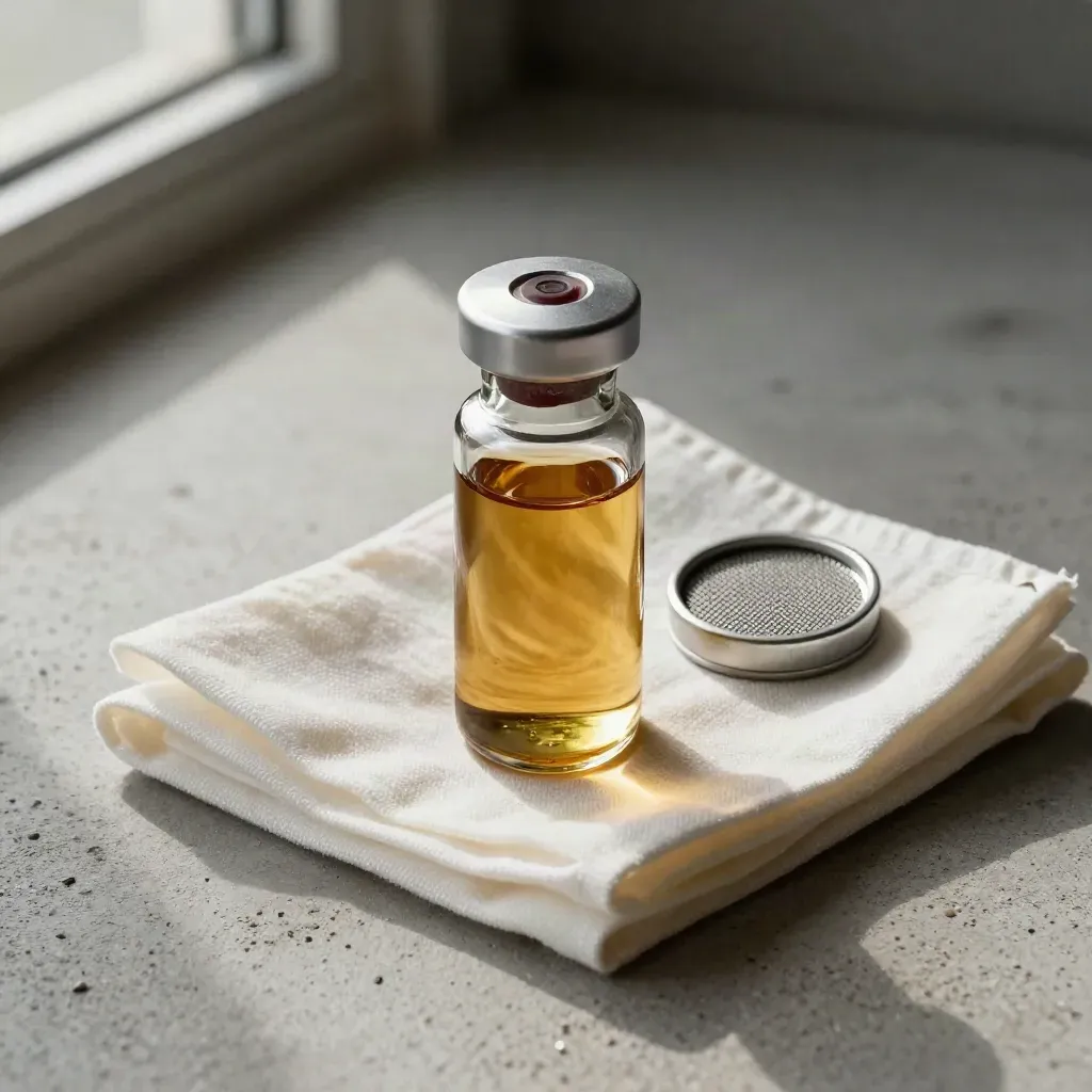 Overhead still life of a transformer oil vial, mesh disc, and folded cloth on pale concrete.