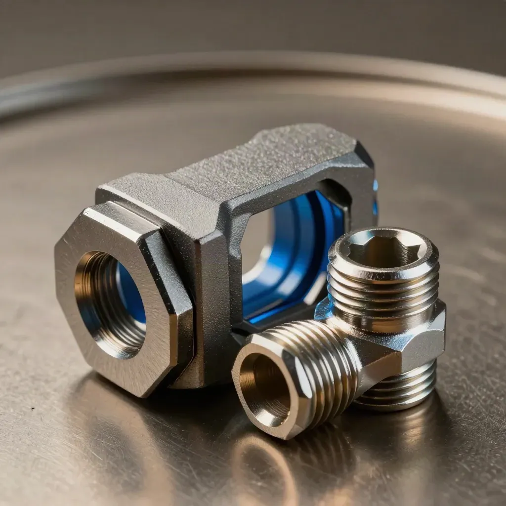 Macro of cable gland, ferrules, clamp and socket on brushed aluminum with electric-blue accent.