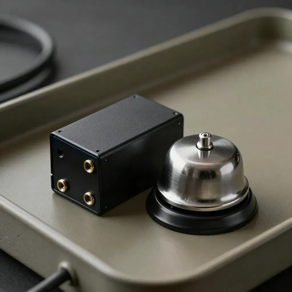 Top-down macro of a relay module, bell cover, and mounting screws on a utility tray.