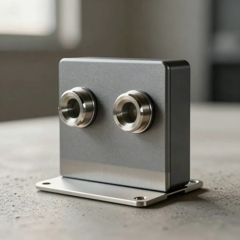 Macro of a telemetry gateway with silver cable glands and a matching mounting bracket on concrete.