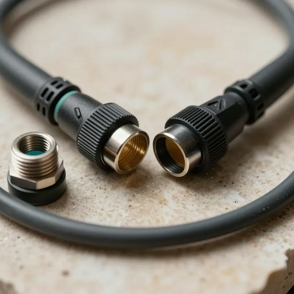 Top-down macro of MC4 solar connectors, junction gland, and cable loop on pale stone.