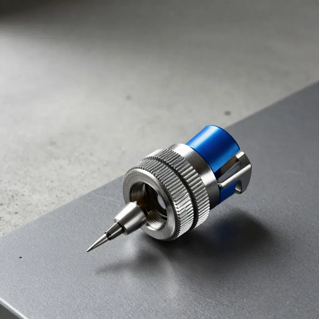 Optical meter probe head aligned with a threaded collar ring on a utility workbench.