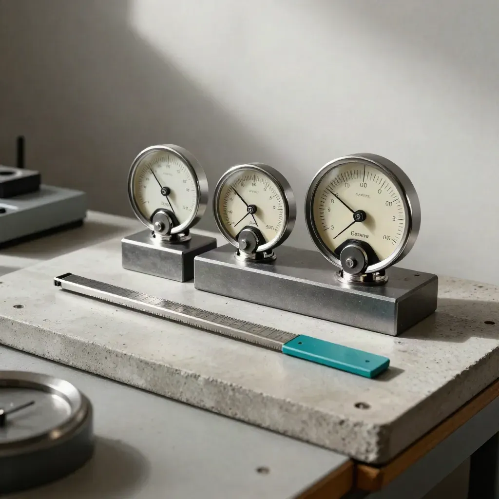 Two analog ammeters beside a stepped calibration block and steel reference bar on a pale bench