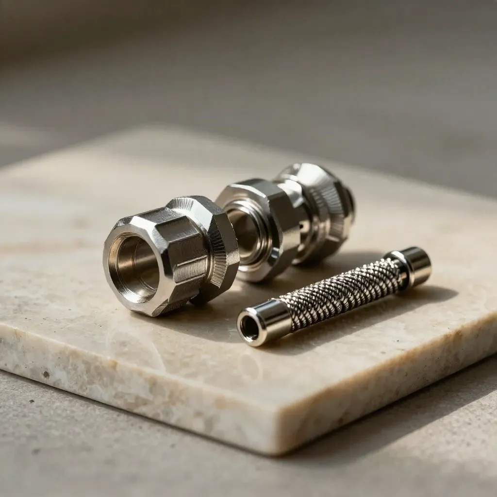Machined connector hub with two coupling sleeves and a braided jumper on warm stone