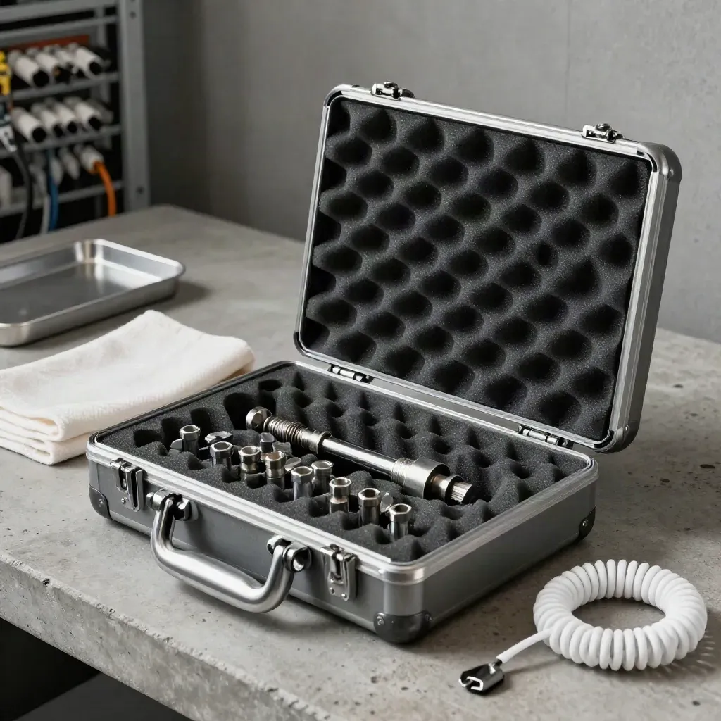 Opened commissioning case with utility ferrules, hex bits, torque tip and tether on concrete.