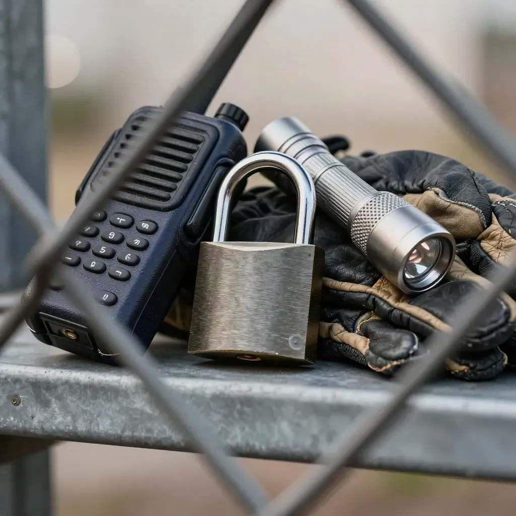 Macro of utility gear: radio, padlock, flashlight and insulated gloves behind chain-link.
