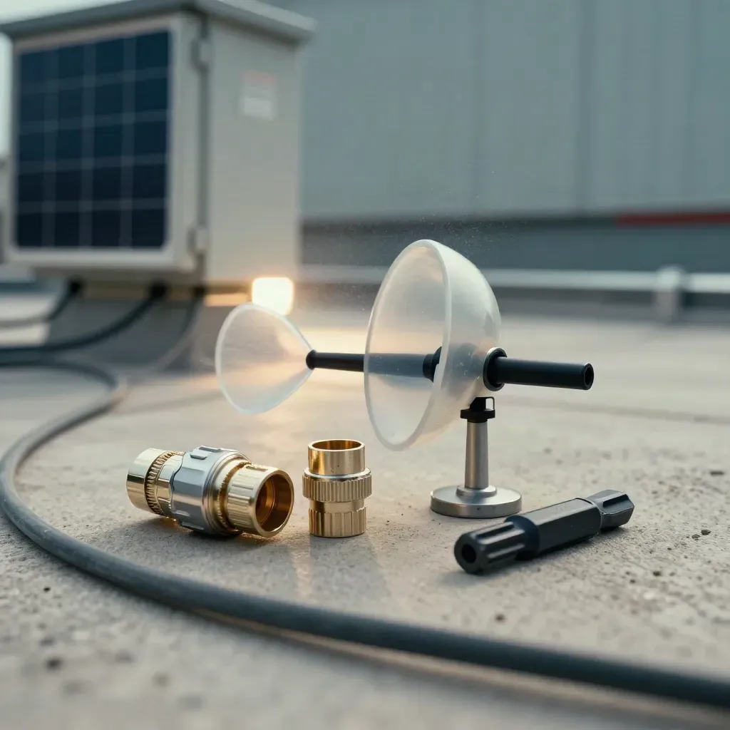 Macro anemometer cups, MC4 connectors, and torque bit on a windy rooftop ledge.