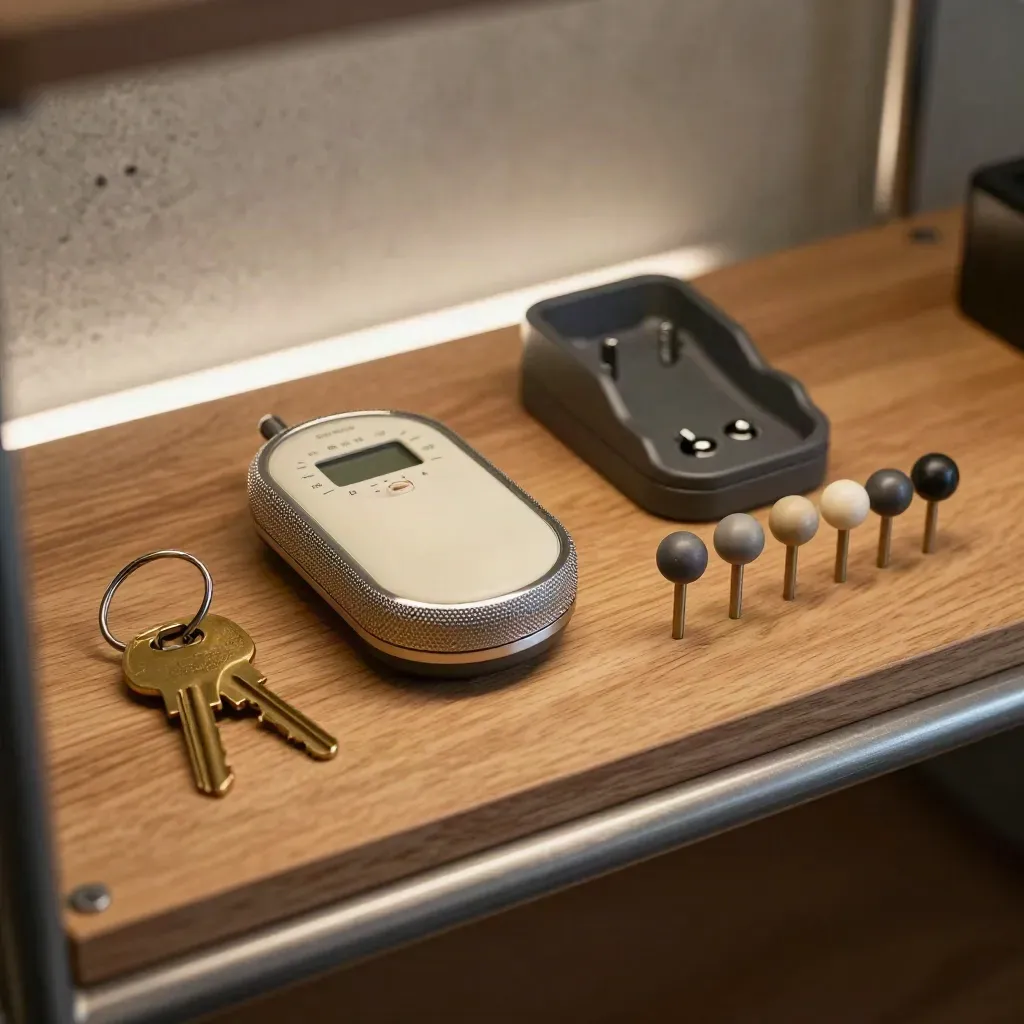 Brass keys, marker pins, relay timer and radio base on a honey-oak shelf