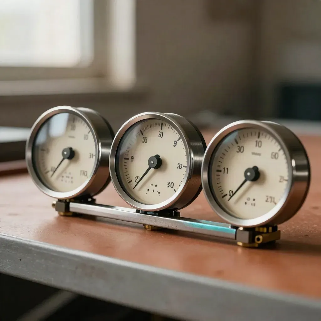 Three analog gauges with clips and a brushed metal bar on a terracotta surface.