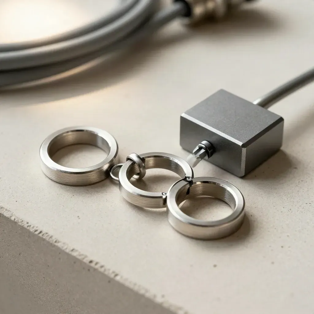 Top-down still life of machined rings, a quick-release coupler, and a modular block on pale stone.