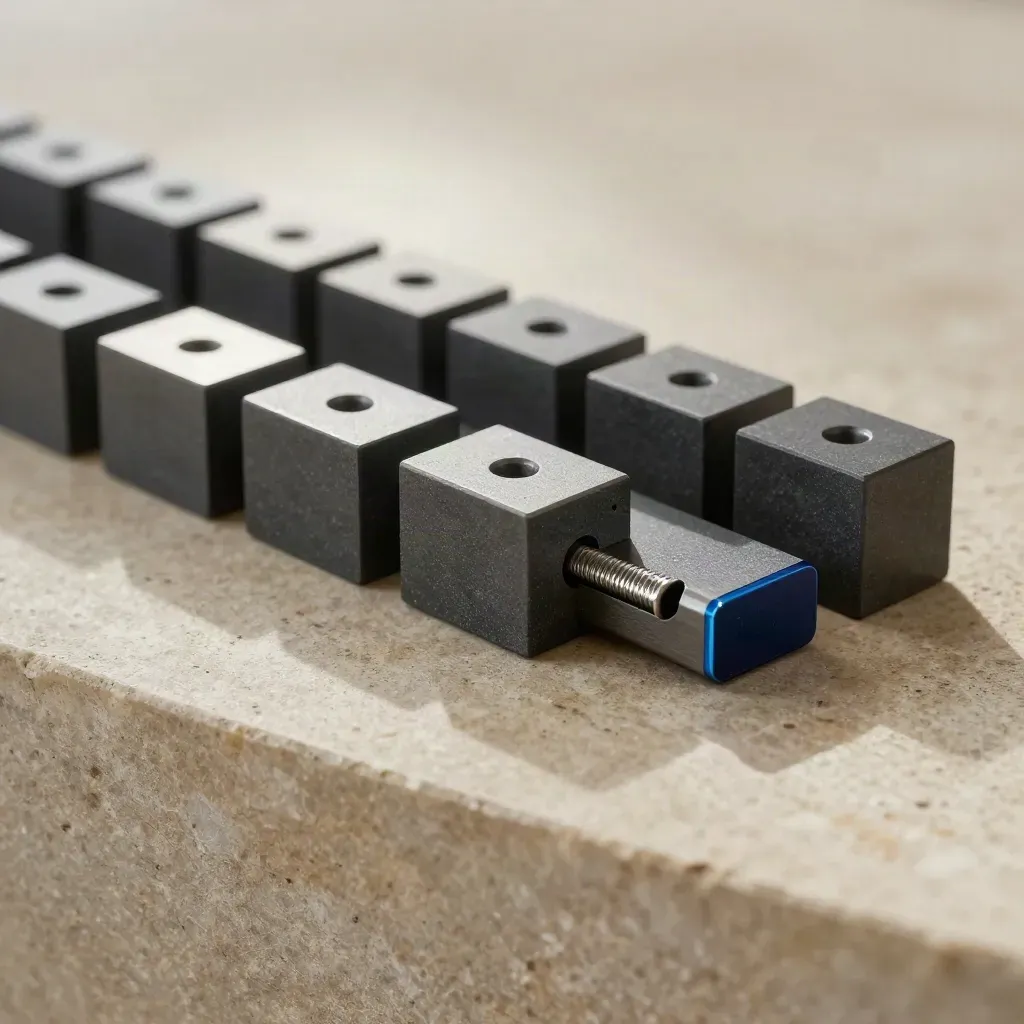Modular bridge blocks and dowel pins aligned on limestone under dramatic studio light.