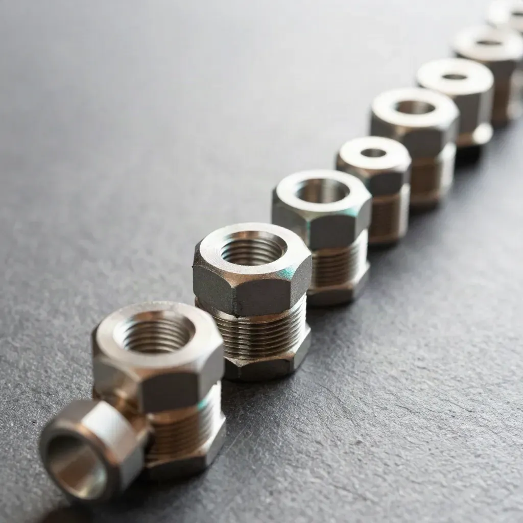 Overhead still life of machined couplings, ferrule sleeves, and a junction ring on stone